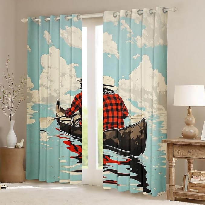 Manfei Go Boating Blackout Curtains,Rowing Boat Lake Adventure Boys Girls Room Decor,Row Paddle Cloud Natural Window Drapes,Teal 2 Panels,52Wx96L inch