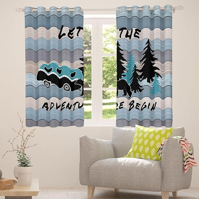 Camper Adventure Boys Girls Room Decor,Bear Pine Tree Rustic Farmhouse Blackout Curtains,Wooden Plank Cottage Cabin Blackout Curtains,Blue Black 2 Panels,38Wx45L inch