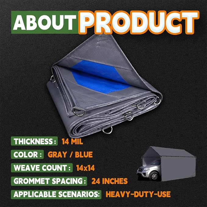 RAINDEWAY Tarps Heavy Duty Waterproof 12x12 Feet -14 Mils Super Heavy Duty Tarp with Metal Rings and Reinforced Corners and Edges, UV Resistant, Multipurpose Poly Tarp,Blue/Gray tarp