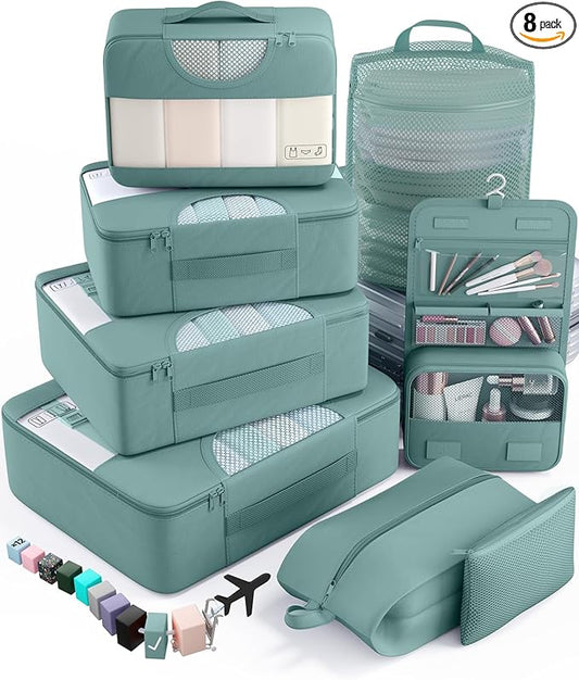 Veken 8 Set Packing Cubes for Travel Essentials, Suitcase Organizer Bags in 4 Sizes, Carry-On Luggage Accessories with Large Laundry & Hanging Toiletry Bag, Must-Have for Airplane, Road Trip & Camping