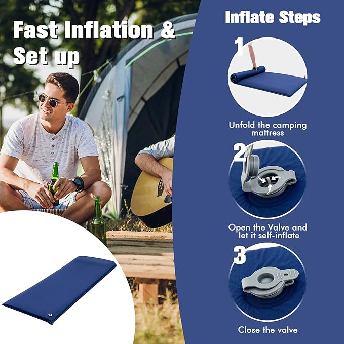 Tangkula Self Inflating Sleeping Pad, 3 Inch Inflatable Camping Mattress Pad with 9.5R Value, Insulated Foam Camping Mat with Pillow, Lightweight Camp Sleep Pad for Backpacking, Car, Tent