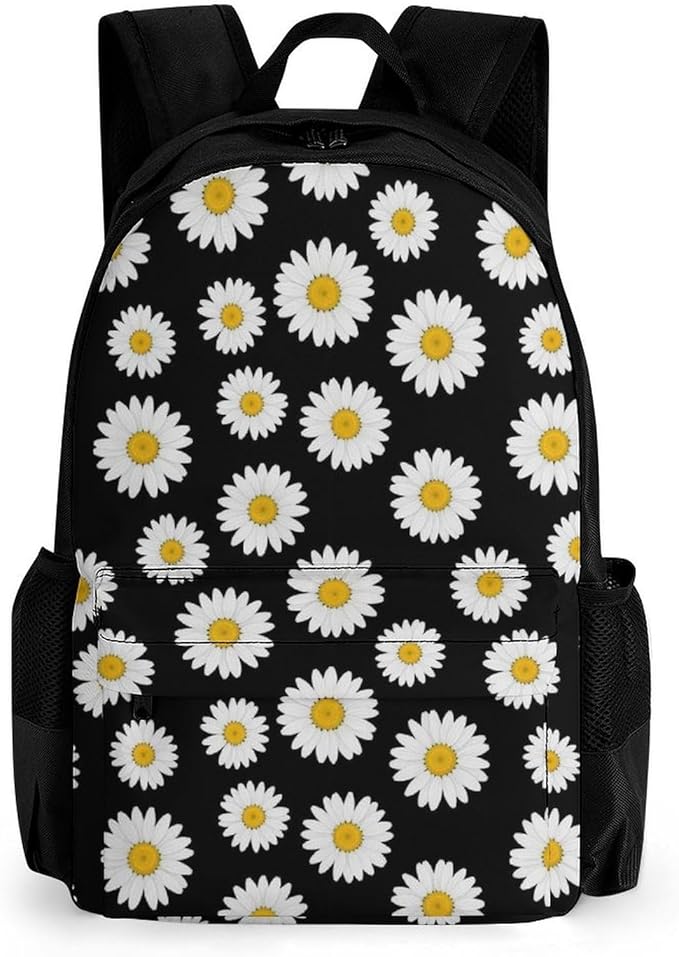 Adults Lightweight Floral Chamomile Or Daisy Flowers Black Rucksacks Large Capacity Bookbag With Adjustable Shoulder Straps for Trekking Outdoors Bicycle