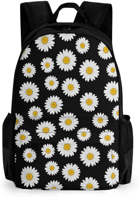 Adults Lightweight Floral Chamomile Or Daisy Flowers Black Rucksacks Large Capacity Bookbag With Adjustable Shoulder Straps for Trekking Outdoors Bicycle
