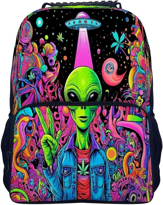 Men Women Lightweight Trippy Alien Ufo Art Backpack Large Capacity Bookbag With Smooth Zippers for Gym Business Running