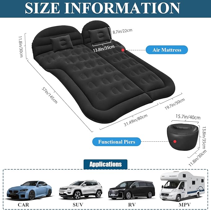 SUV Air Mattress, Inflatable Car Air Bed Truck Camping Mattress for Back Seat Thickened Travel Sleeping Pad with 1 Charge & Air Pump Flocking Car Bed For SUV, Rear Seat, Trunk, 68L× 51W × 5.11H"