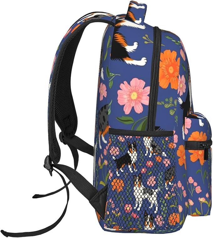 Polyester Daypack Backpack for Trekking Picnic Walking Cycling, Large Capacity Anti-Theft Multipurpose Shoulder Bag, Australian Shepherd Dogs Flowers Casual Daypack
