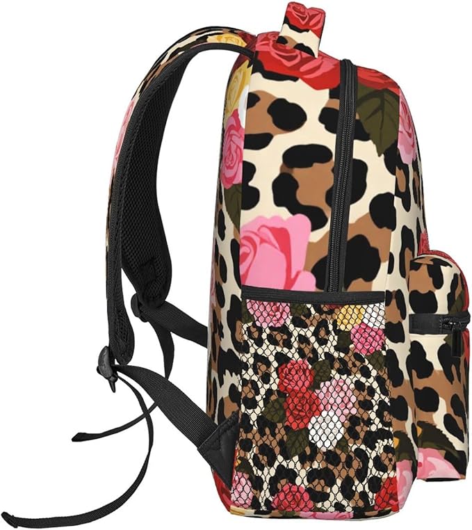 Men Women Polyester Cheetah Leopard Print Floral Daypack Big Capacity Shoulder Bag With Adjustable Shoulder Straps for Camping Travel Walking Cycling