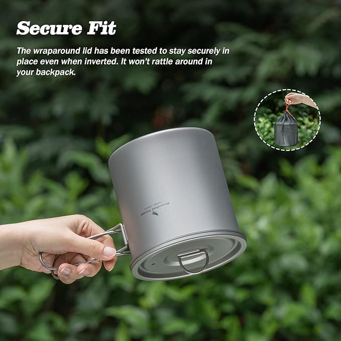 iBasingo 1400ml (1.4L) Titanium Camping Pot Cup Ultralight Backpacking Cookware with Folding Handle & Lid Durable Outdoor Cooking Kit for Travel Hiking Picnic