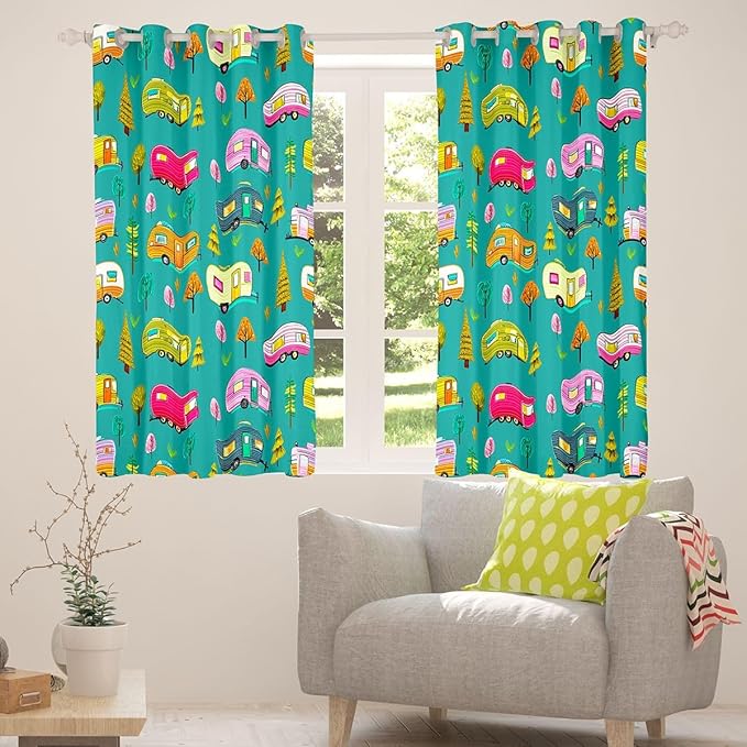 Feelyou Green Camper Camping Blackout Curtains RV Travel Trailer Darkening Drapes for Bedroom Living Room Decor Camping Theme Thermal Insulated Shades Window Treatments, 2 Panels 52 x 63 Inch