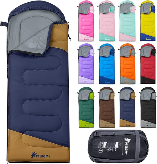 PTEROMY Sleeping Bags for Adults, Lightweight and Machine Washable, Water Resistant Backpacking Camping Sleeping Bag for Warm Cold Weather, Camping Essentials for Hiking Travel