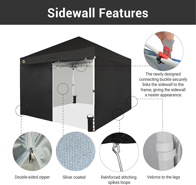 CROWN SHADES 10X10 Comercial Instant Canopy Pop Up Tent with Center Lock (10x10 with 4 Sidewalls, Black)