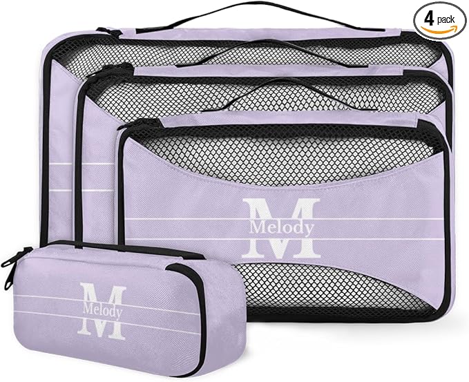 Custom Packing Cubes with Name - 4 Piece Light Purple Packing Cubes Compression Luggage Suitcase Organizer Set with Initial Letter