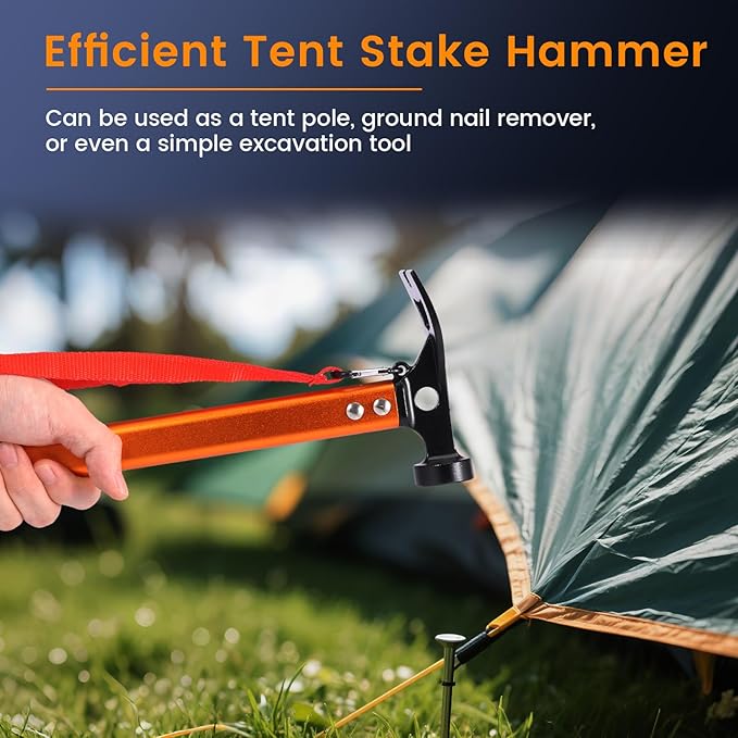 2Pack Aluminium Camping Hammer With Hook 3-In-1 Carbon Steel 12" Tent Stake Hammer Small Lightweight Portable Multifunctional Tent Stake Puller For Camping Hiking Outdoor Orange