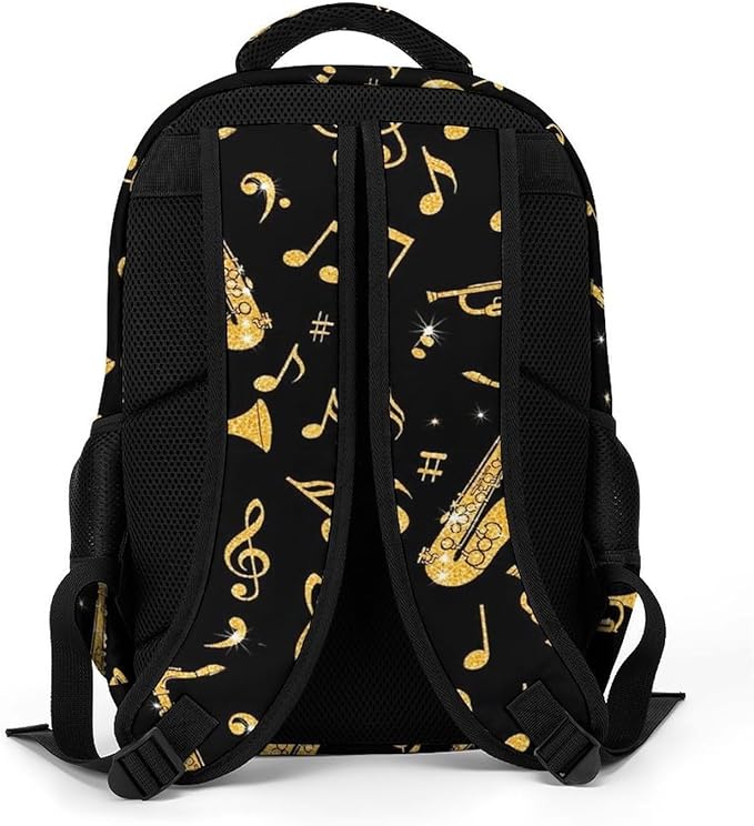 Laptop Backpack Saxophone Trumpets Music Gold Black, Sturdy Water Resistant College Bookbag with Water Bottle Pockets for Business Travel Commute
