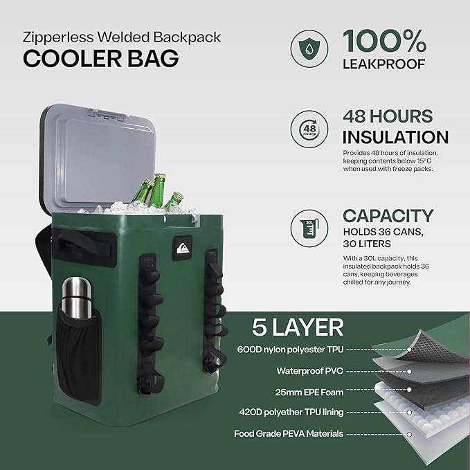 Quiksilver Zipperless Backpack Cooler 30L, Holds 36 Cans, 48 Hour Insulation, Leakproof & Waterproof Design, Heavy Duty TPU, IPX7, Padded Straps, Kangaroo Pockets