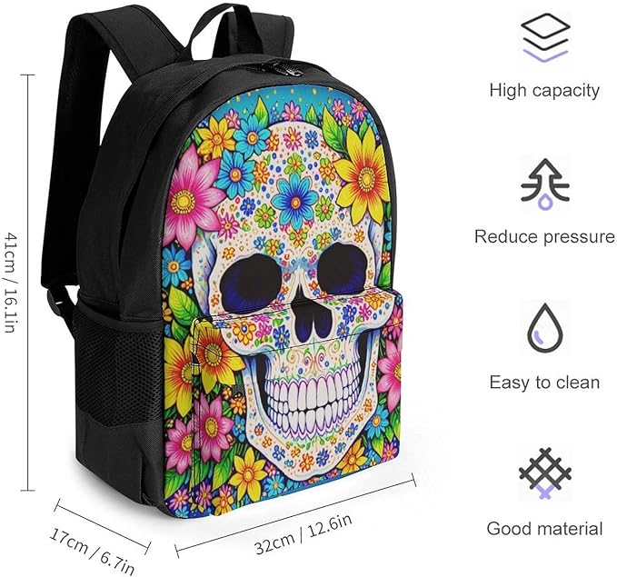 Supdreamc Rucksack Multipurpose Anti-Theft Big Capacity Shoulder Bag, Sugar Skull Colorful Day Of The Dead Art Travel Hiking Camping Rucksack With Side Pockets
