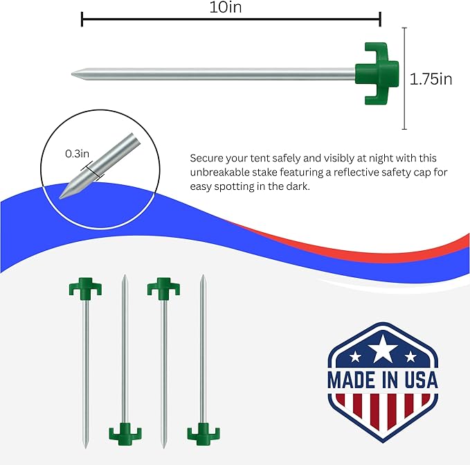 Tricc Unbreakable Heavy Duty Steel Tent/Canopy Stakes, Galvanized Non-Rust 10" Three Pegged Solid, Sturdy Stakes for Outdoor Trips, Camping, Hiking & Gardening. 4 Colors Made in The USA (Green)