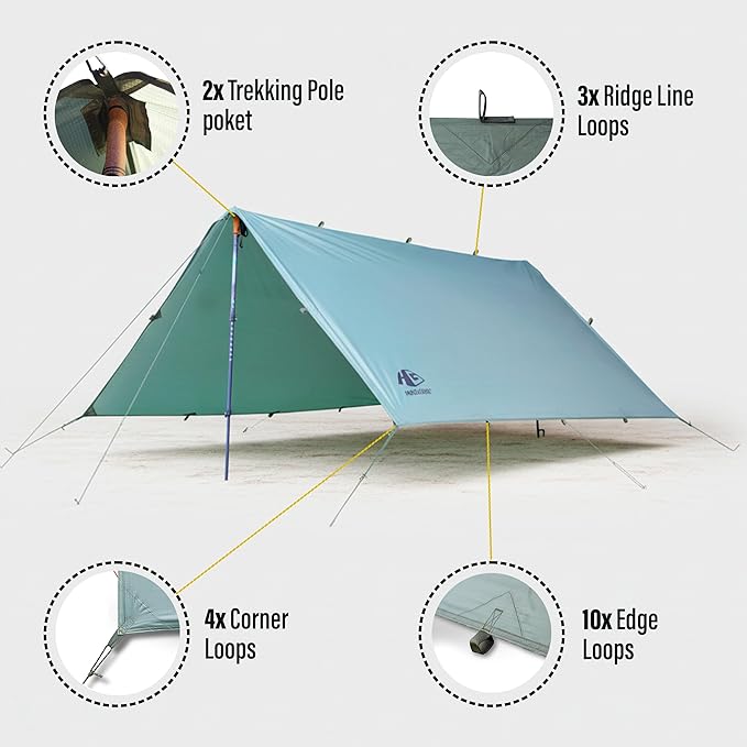 Camping Tarp 10x10 ft (3x3 m) Waterproof Lightweight Rain Fly - Backpacking, Hammock Shelter, Emergency Survival Tent, Durable, Compact All-Weather Cover