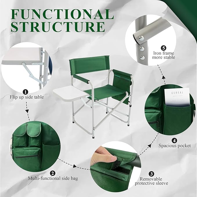 Camping Chair with Side Table & Storage Pockets - Portable Directors Chair Foldable for Outdoor Camping, Lawn, Beach, Fishing, Picnic, Trip (2 Pack) (Green)