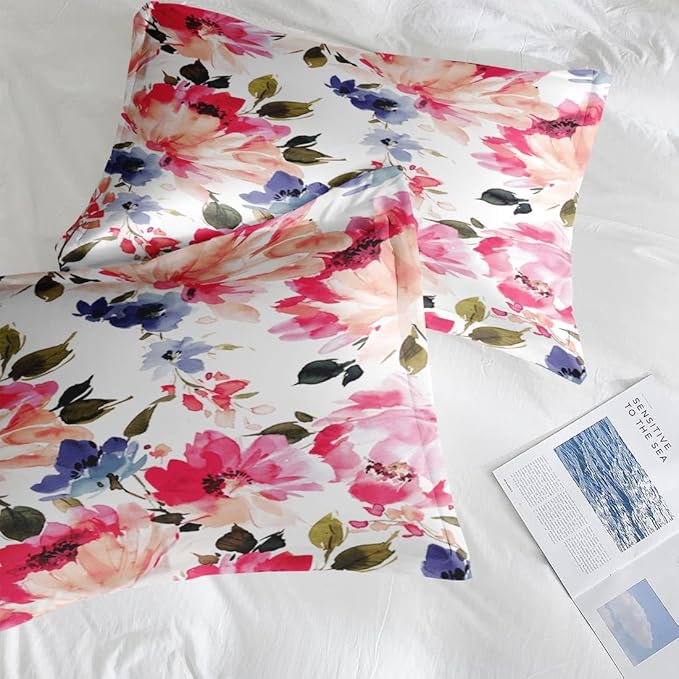 Comforter Set Full Size, Flower Floral Leaf 7 Pcs Bedding for Kids and Adults, Painting Summer Spring Bed Sheet Sets with Fitted Sheet 2 Pillowcases & 2 Shams for Bedroom Bed Decor