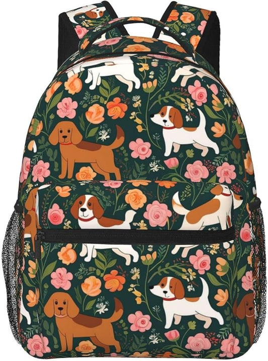Daypack Backpack Multipurpose Anti-Theft Large Capacity Bookbag, English Springer Spaniel And Retro Floral Travel Hiking Camping Rucksack With Adjustable Shoulder Straps