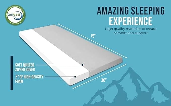 Foamma 3" x 30" x 75" High Density Roll-Up Camping Mattress with Water Resistant Zipper Cover, Foldable and Portable for Camping, RV Bunk, Tent, Guest Bed, Outdoor and Dorm, CertiPUR-US Certified Foam