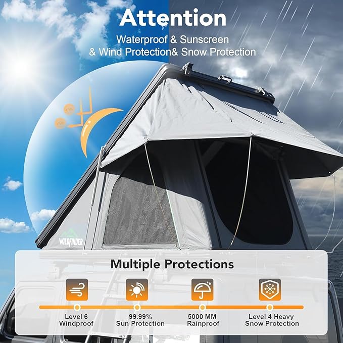 Rooftop Tent Hardshell, 2-3 Person Camping Car Roof Top Tent Hard Shell Suitable for Jeep, SUV, Truck, Van