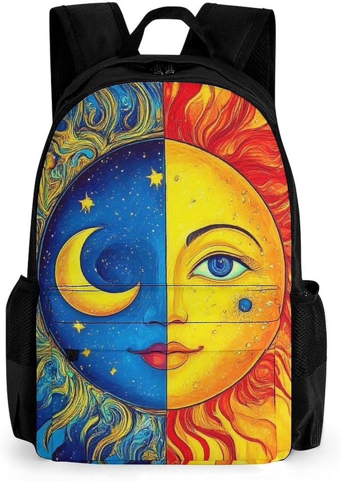Supdreamc Men Women Polyester Blue Yellow Sun Moon Art Casual Daypack Large Capacity Carry On Bag With Adjustable Shoulder Straps for Camping Work Running