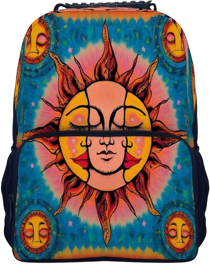 Polyester Daypack for Camping Travel Walking Cycling, Big Capacity Anti-Theft Multipurpose Bookbag, Sun And Moon Art Camping Outdoor Backpack