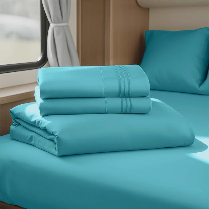 Hearth & Harbor Short Queen Sheets for RV, Teal RV Queen Sheets, Silky Soft 1800 Microfiber Bed Sheet for Camper, 4 Piece RV Bedding with Pillowcases