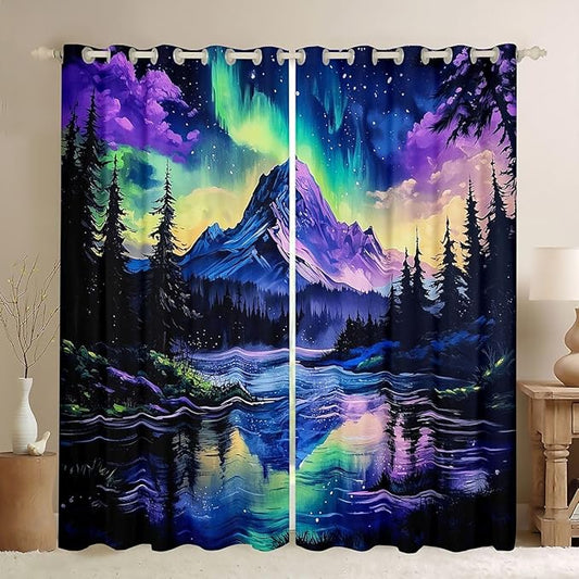 Manfei Northern Lights Kids Blackout Curtains,North Pole Pine Tree Lake River Nursery Bedroom Playroom Decor,Mountain Rainbow Starry Sky Nature Window Drapes,Blue Purple 2 Panels,52Wx63L inch