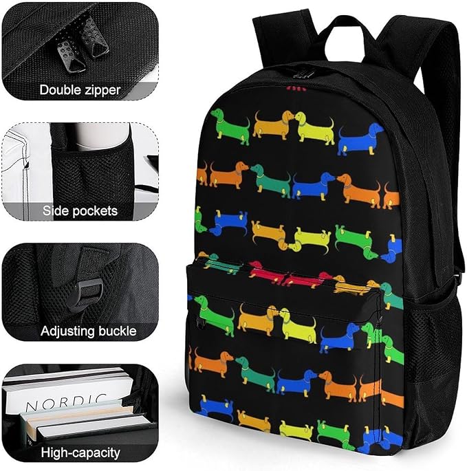 Supdreamc Lightweight Rucksack for Sports Travel Running, Big Capacity Multipurpose Anti-Theft Bookbag, Colorful Dachshund Dogs Travel and Sport Backpack Rucksack