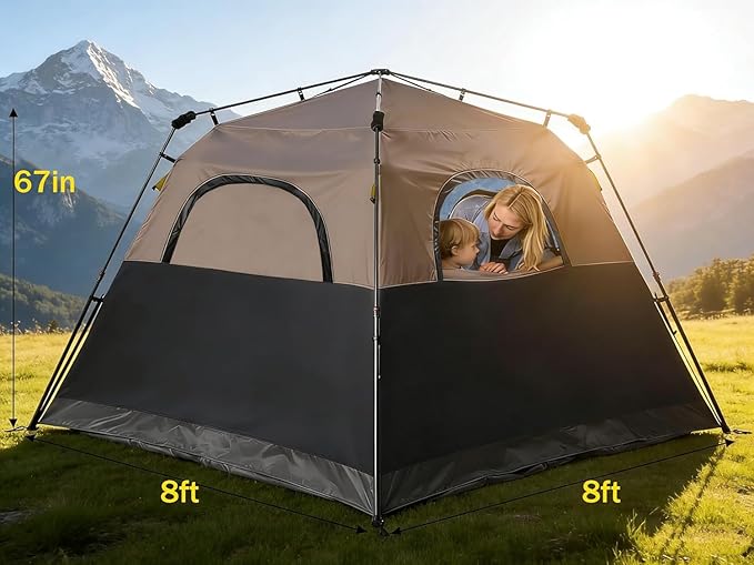3/4 Person Camping Tent with 1 Door, 4 Windows, and Upgraded Ventilation– Instant Setup, Waterproof, 8'x 8'x 67''Oxford Fabric Floor Pop Up in 60 Seconds Includes Rainfly and Backpack