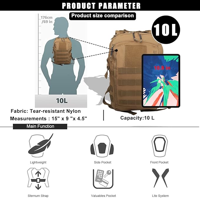 12L Small Backpack Day Pack - Mini Tactical Backpacks Military Daypack Molle Bag Rucksack Bug Out Bag for Hiking Camping Trekking (Tan)