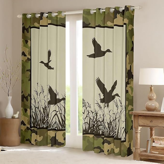 Manfei Mallard Blackout Curtains Wild Duck Green Camouflage Window Drapes,Wildlife Theme Camo Window Treatments,Kids Boys Girls Room Decor,Grommet Top 2 Panel Set Bedroom Curtains, 42Wx90L inch