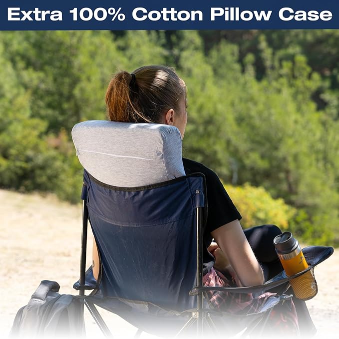 alkamto Travel & Camping Comfortable Memory Foam Pillow – Easy to Carry Portable Bag – Temperature Regulating Pillow Case (White Contour + Extra Cover)