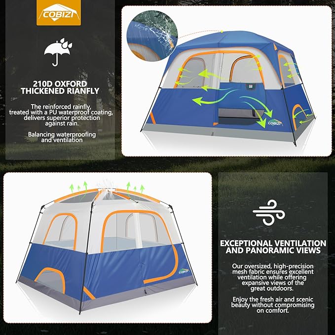 COBIZI 4-6-8-10 Person Camping Tent, Spacious Family Tents for Camping Ideal, Hiking, 3500mm Waterproof Double-Layer Windproof Tent for Hiking & Backpacking