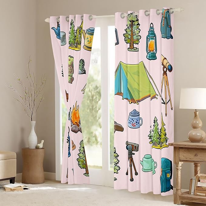 Feelyou Pink Camper Theme Curtains for Bedroom Living Room Happy Camping Blackout Darkening Drapes Adventure Camper Window Treatments, 2 Panels 52 x 96 Inch Room Decor