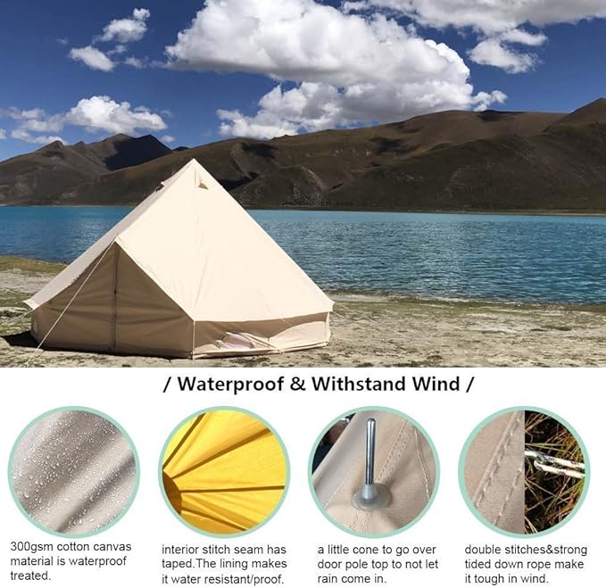 UNISTRENGH 4 Season Large Waterproof Cotton Canvas Bell Tent Beige Glamping Tent with Roof Stove Jack Hole for Camping Hiking Christmas Party