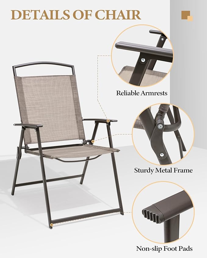 Crestlive Products Patio Folding Chairs Set of 2, Outdoor Folding Chairs with Durable Rust-Resistant Frame and Breathable Textilene Material for Outside, Beige
