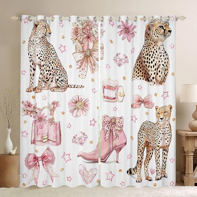 Pink High Heels Window Curtain | Cheetah Diamond Bowknot Window Drapes for Men Bedroom Decor,Girly Princess Blackout Curtains Dreamy Coquette Living Room Top 2 Panels,52Wx63L