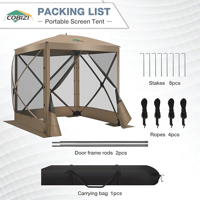 COBIZI Pop Up Gazebo Screen Tent Screen House for Camping, 6FTx6FT Screen Room with Mosquito Netting, Hub Tent Instant Screened Canopy with Carrying Bag and Ground Stakes, Khaki