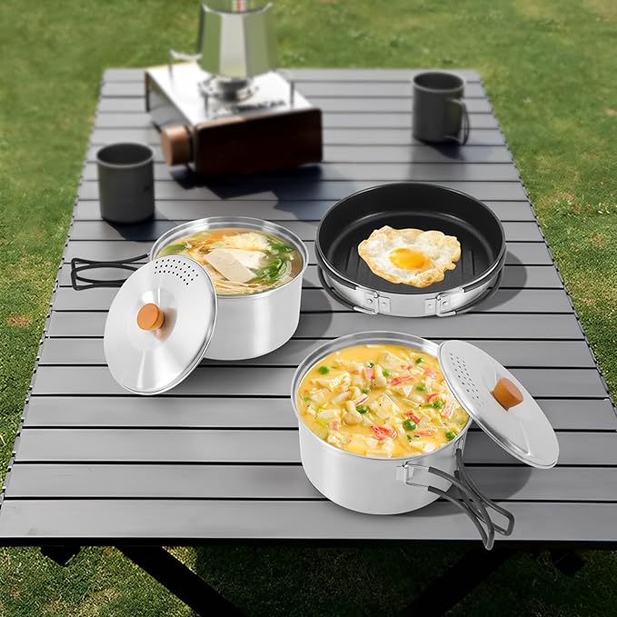 Camping Cookware Set Portable Camping Cooking Set 304 Stainless Steel Camping Pots and Pans Set Campfire Cooking Equipment with Storage Bag for Outdoor Camping Hiking Picnic for 2-3