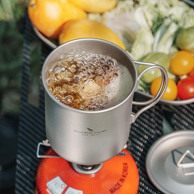 iBasingo 420ml Titanium Mug without Lid Tea Coffee Water Cup Outdoor Camping Pot Ultra-light Portable Hiking Backpacking Cooking Kit Picnic Tableware Drinkware with Foldable Handle Ti3024D