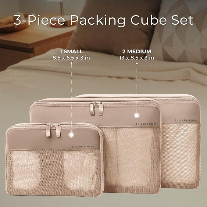 Briggs & Riley Carry On Compression Packing Cube Set - Bag Organizer for Suitcase & Luggage, For Women & Men, Pack Accessories for Vacation - Travel Must Haves, 3-Piece, Tan