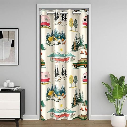 Pink RV Camper Door Curtain For Doorway Privacy Cute Tree Tent Mountain Forest Animal Blackout Curtain Funning Outdoor Boating Camping Door Drape Vintage Cabin Room Decor Window Treatment 52"W x 80"L