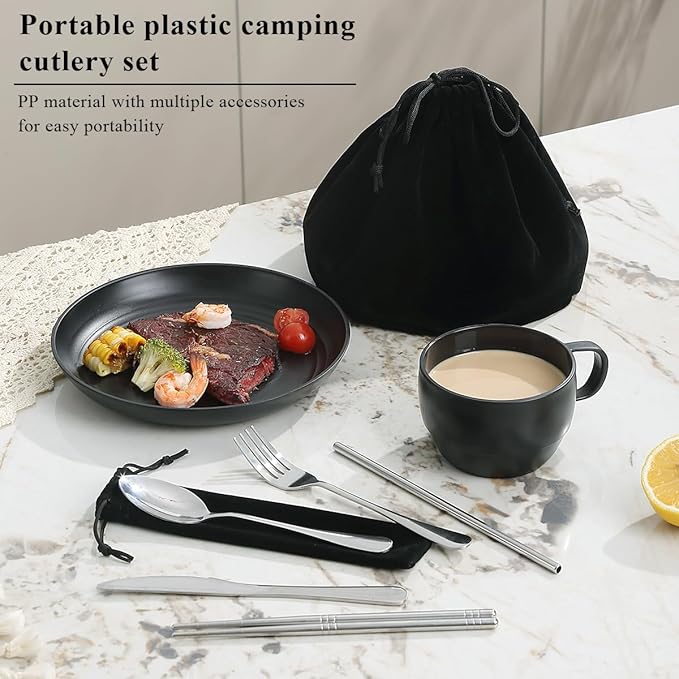 Camping Essentials Set, HOMQUEN Camping Plates and Bowls Set, Coffee Mug, Travel Cutlery Set Include Spoon, Fork, Knife for Work, Outdoor,Picnic, Camp （Black）