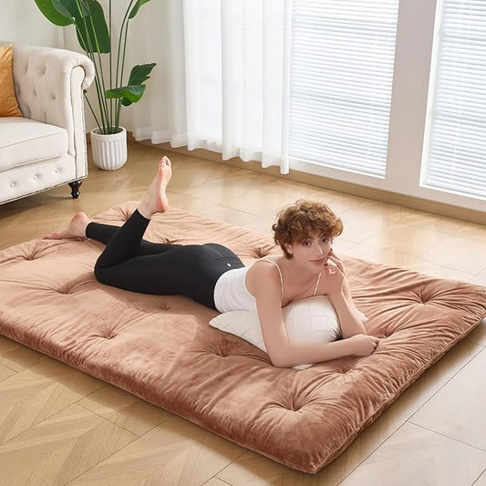 Japanese Floor Futon Mattress Twin Size 38"x 80", 2.5'' Thick Foldable Roll Up Floor Bed Sleeping Pad, 25D Foam Filled Tatami Mat with Straps for Guest Room, Dormitory & Camping, Chestnut Brown