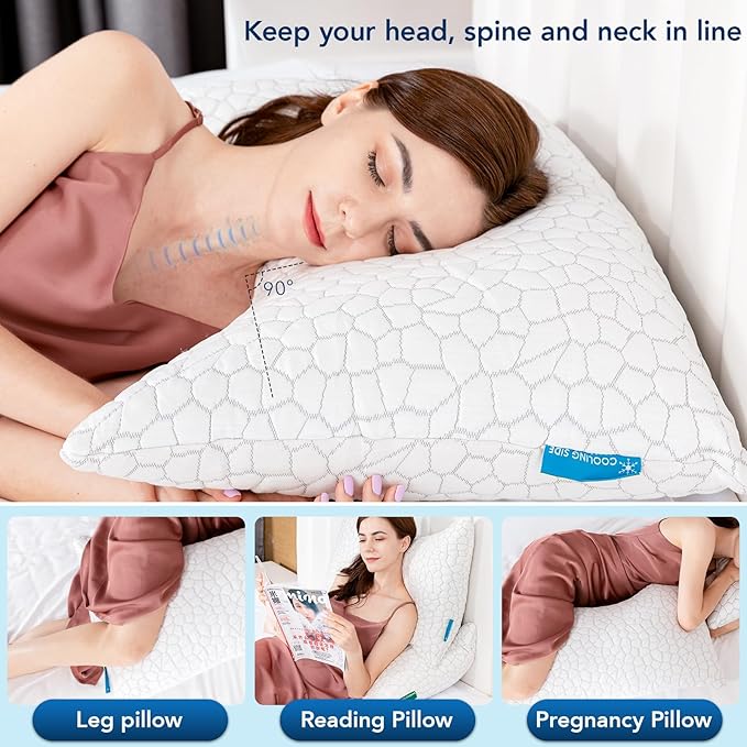 Side Sleeper Pillow for Neck and Shoulder Pain Relief, Cervical Neck Support Pillow for Side Sleepers, Cooling Shredded Memory Foam Pillows for Hot Back Sleepers, Adjustable Curved Queen Bed Pillows