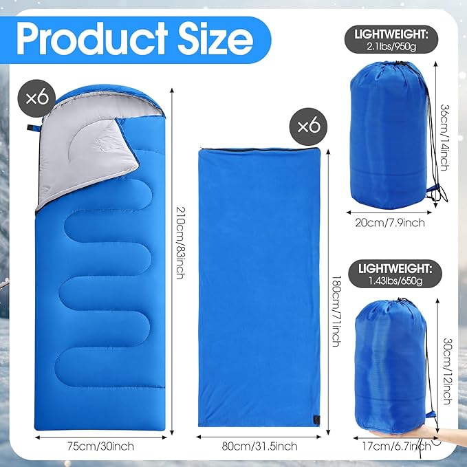 6 Pack Camping Sleeping Bags Bulk with Fleece Liner for Adults, All Season Lightweight Waterproof Sleep Bag with Compression Sack for Hiking Travel Backpacking Cold Weather Winter